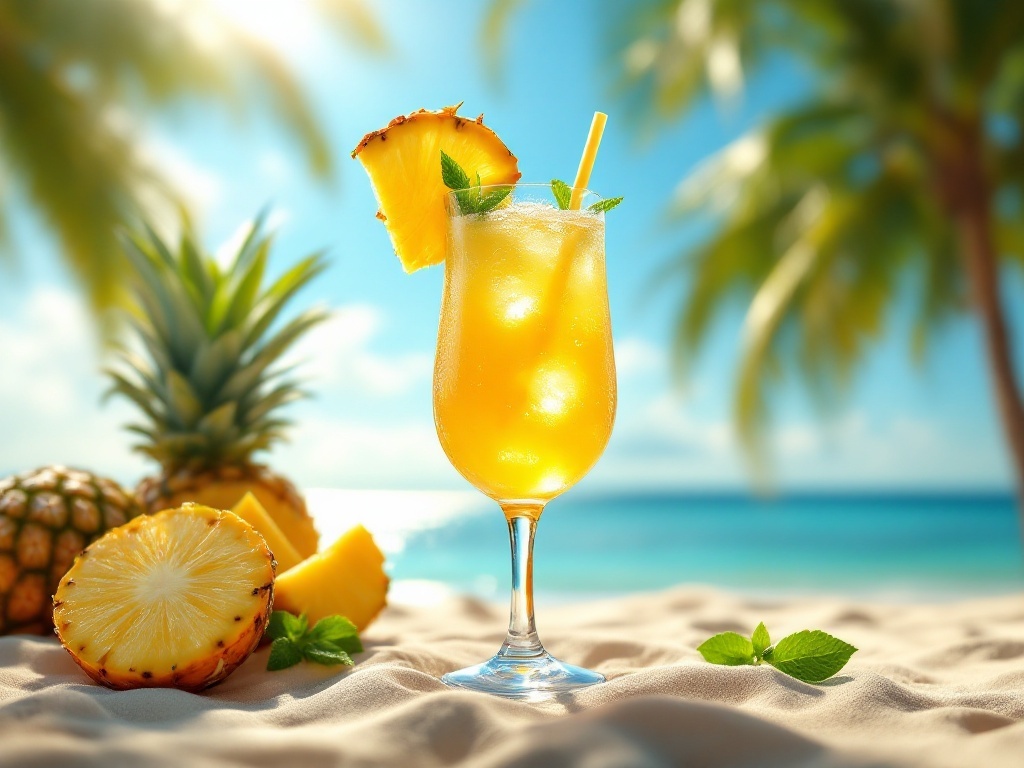 A refreshing pineapple mocktail garnished with mint leaves and a slice of pineapple.