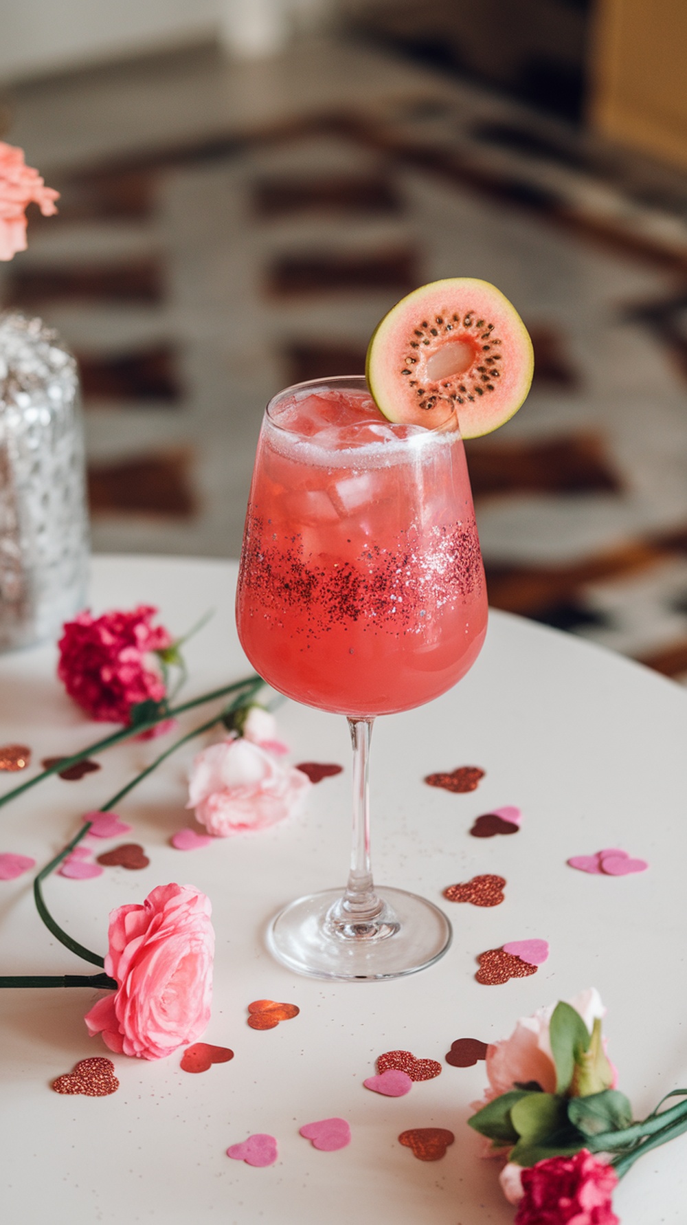 A pink guava glitter mocktail garnished with a slice of guava, surrounded by flowers and heart-shaped confetti.