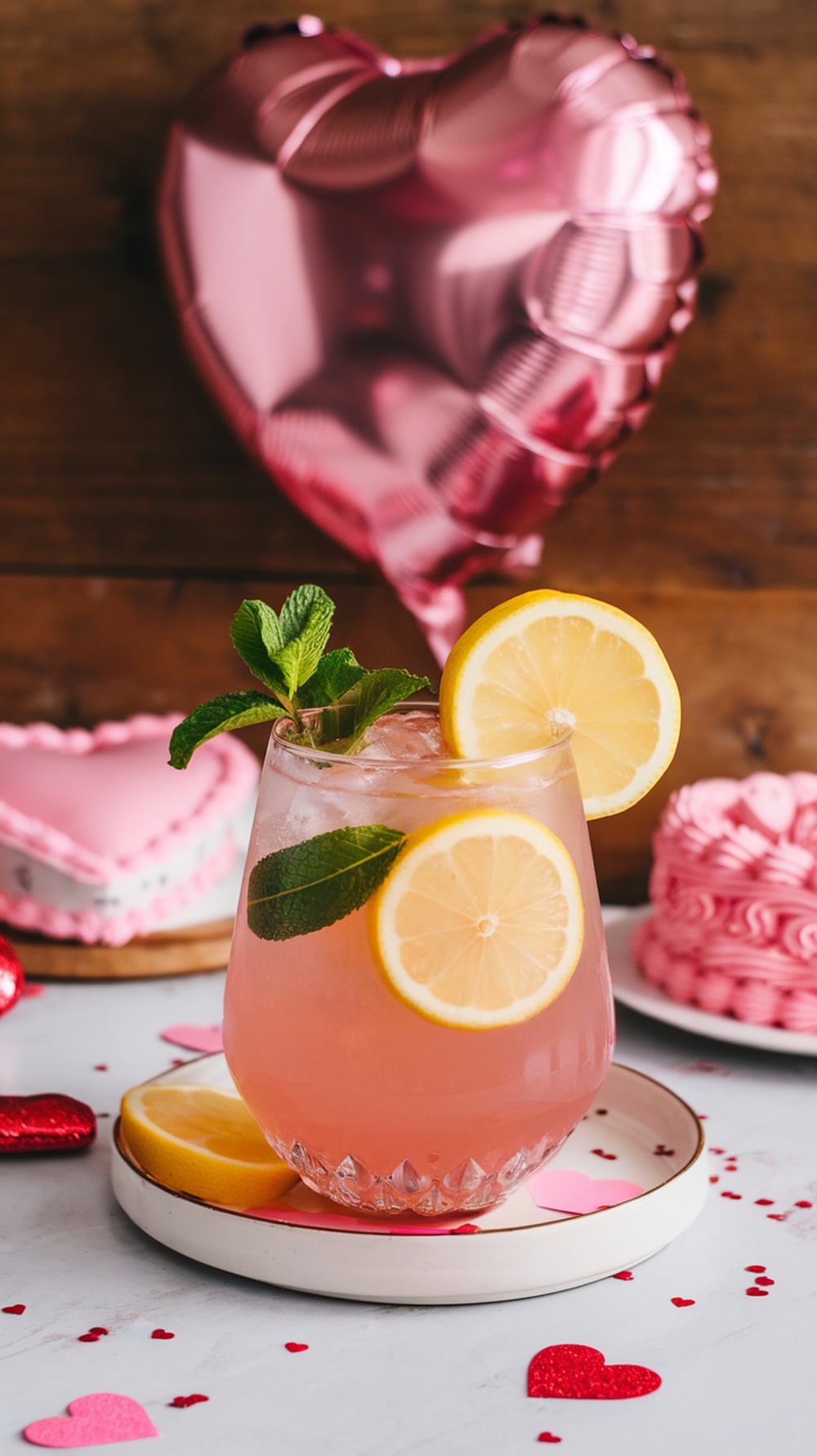 A refreshing pink lemon mocktail garnished with lemon slices and mint leaves, with a pink heart balloon in the background.