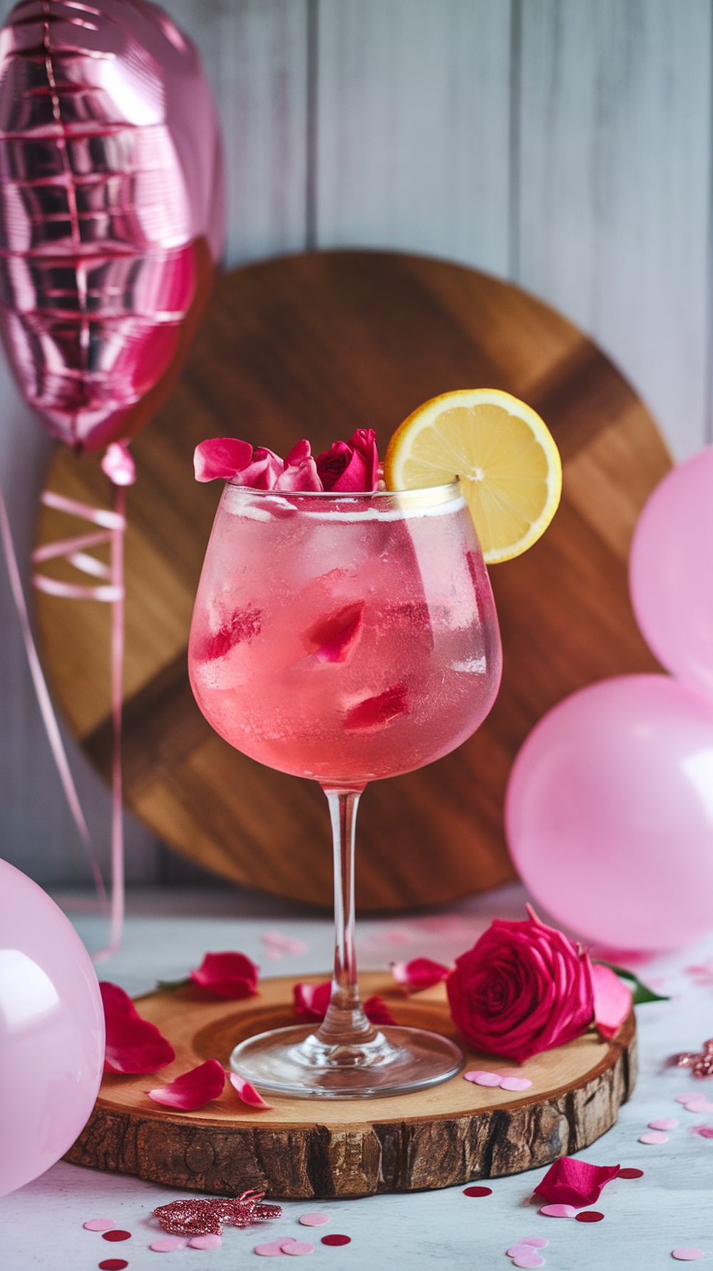 A vibrant pink mocktail garnished with rose petals and a lemon slice, set against a festive background.