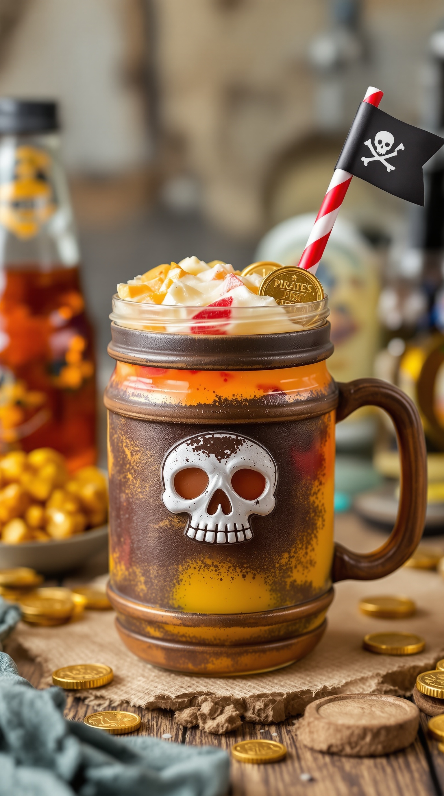 A colorful mocktail in a skull-themed mug, topped with whipped cream and a pirate flag.