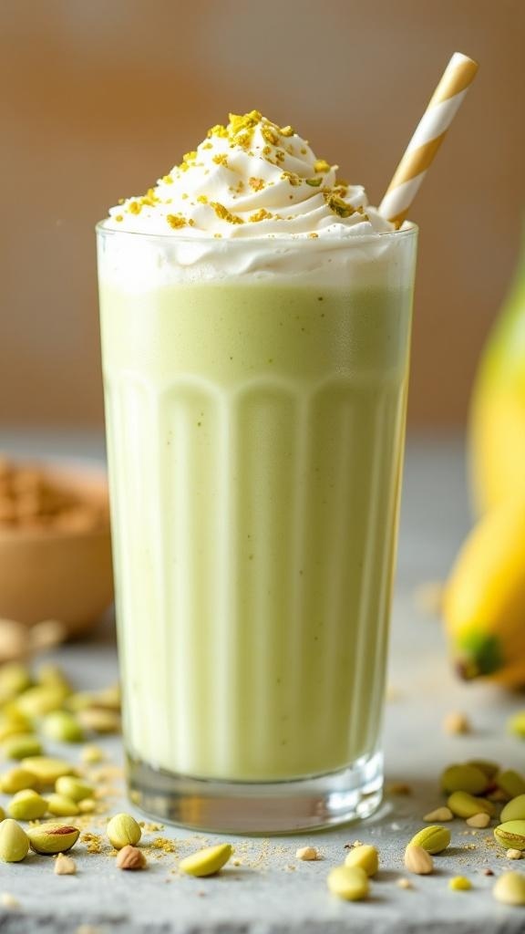 A refreshing pistachio vanilla keto smoothie topped with whipped cream and pistachio crumbs.