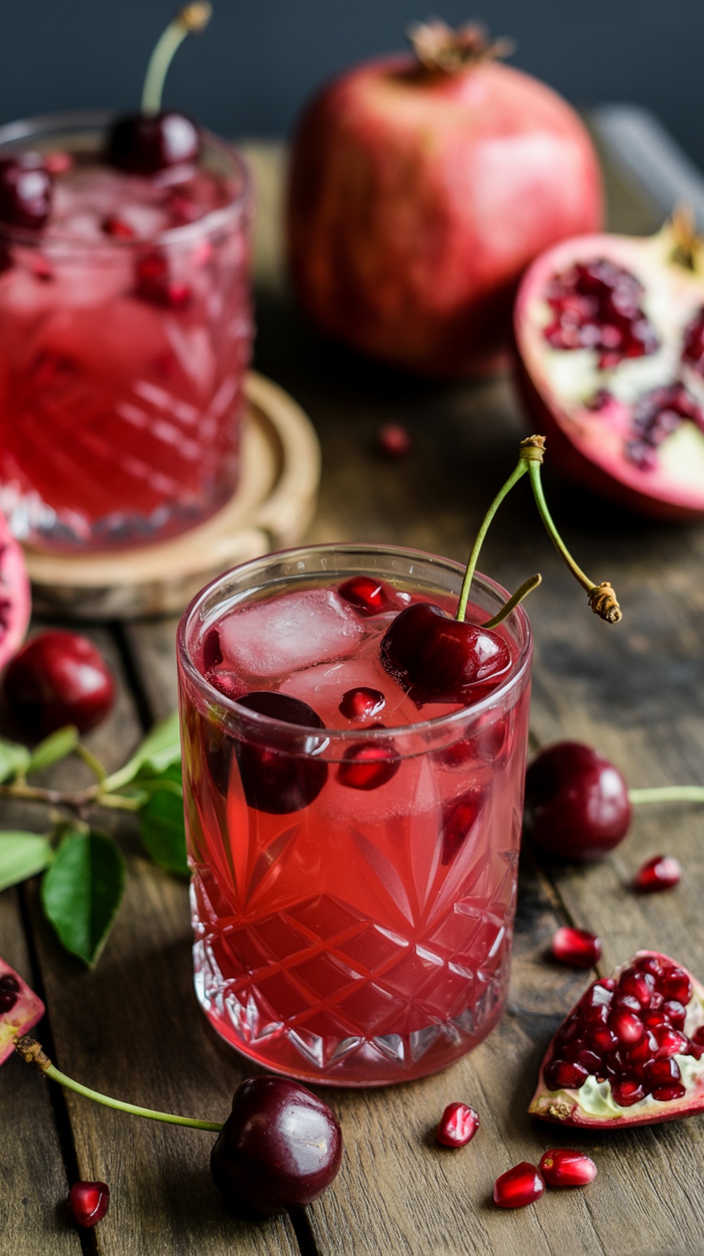 A vibrant pomegranate cherry mocktail garnished with cherries and pomegranate seeds.