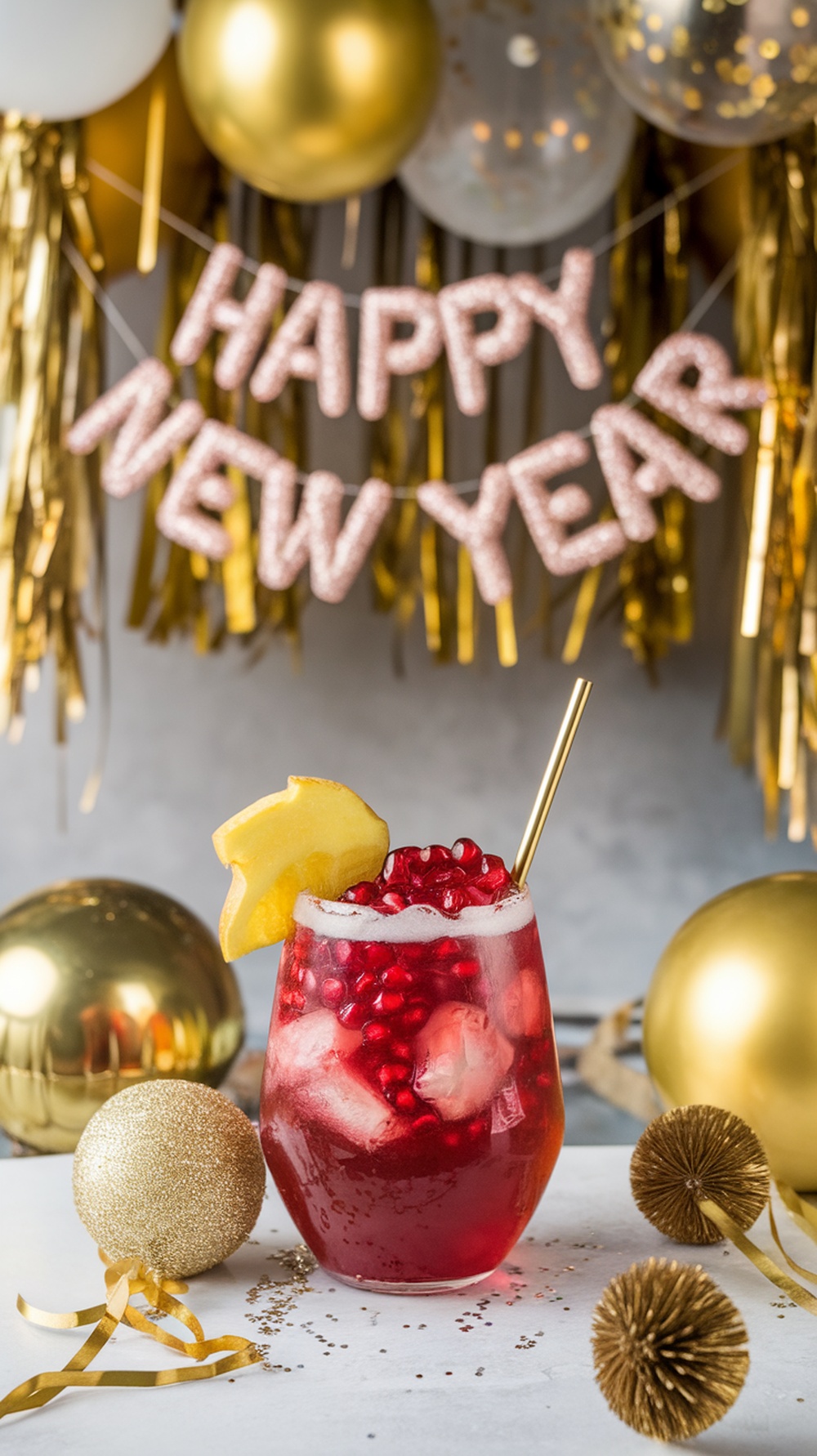 A festive Pomegranate Ginger Fizz Mocktail garnished with pomegranate seeds and a lemon slice, surrounded by New Year's decorations.