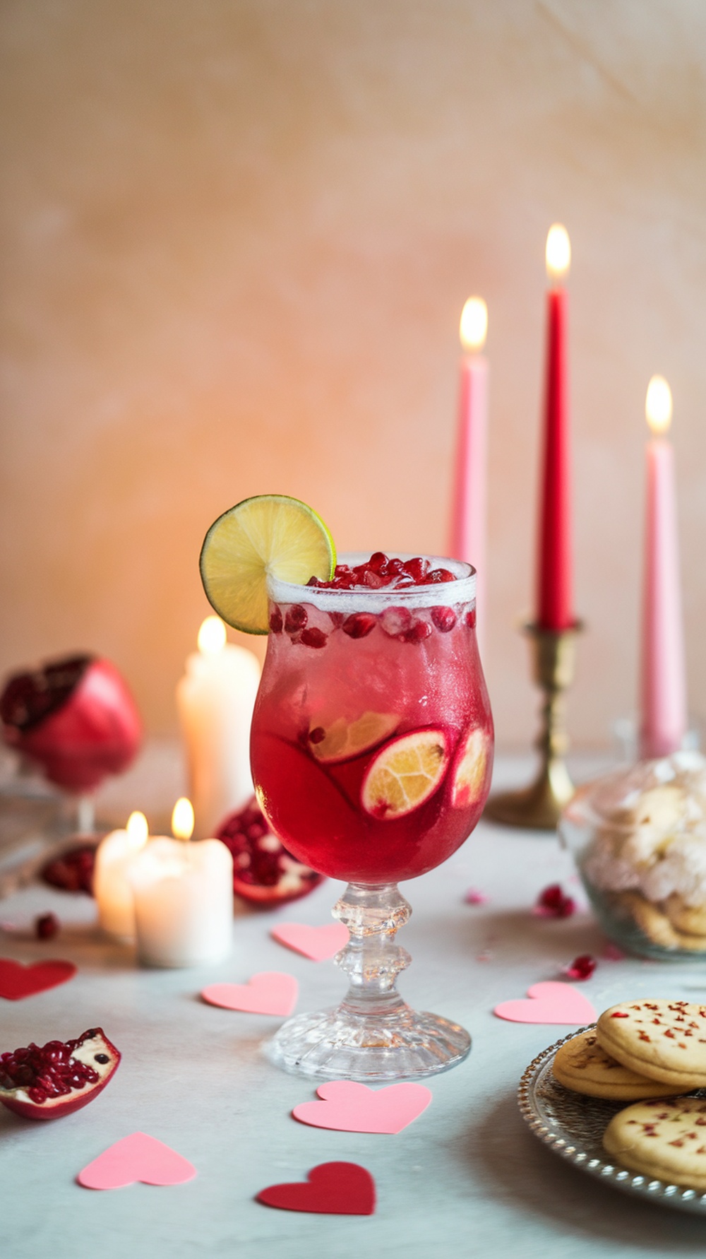 A vibrant pomegranate mocktail garnished with lime and pomegranate seeds, surrounded by candles and heart-shaped decorations.