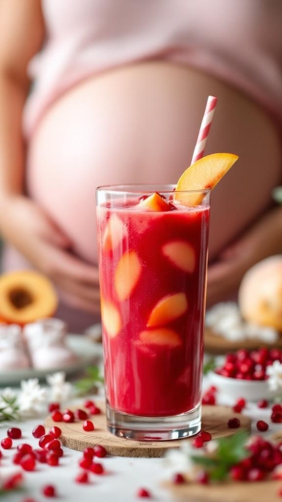 A refreshing non-alcoholic mocktail with pomegranate and peach, perfect for a baby shower.