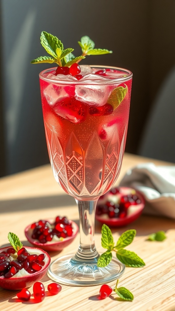 A vibrant Pomegranate Sparkle Mocktail garnished with mint leaves and pomegranate seeds.