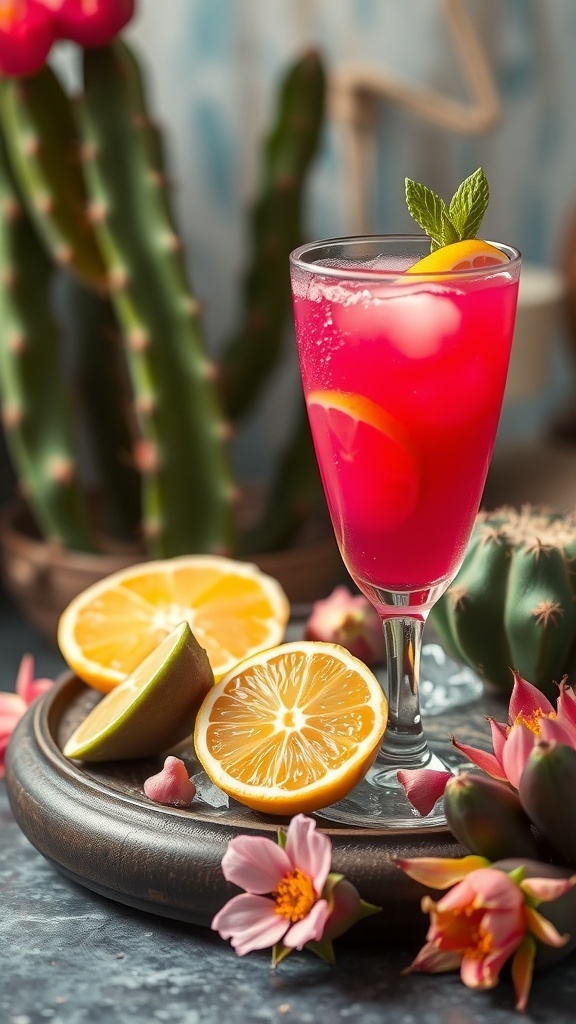 A vibrant prickly pear citrus mocktail garnished with lemon and mint, surrounded by fresh citrus fruits and cacti.