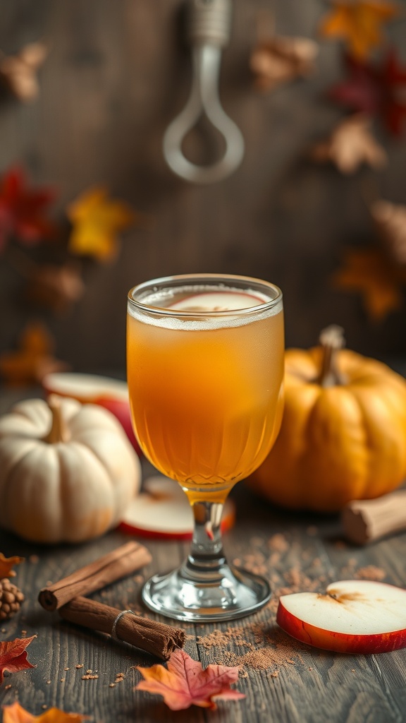 A refreshing Pumpkin Apple Cider Mocktail in a glass, surrounded by autumn leaves, pumpkins, and cinnamon sticks.