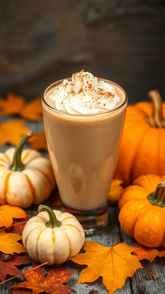 A creamy pumpkin chai latte smoothie topped with whipped cream and spices, surrounded by small pumpkins and autumn leaves.
