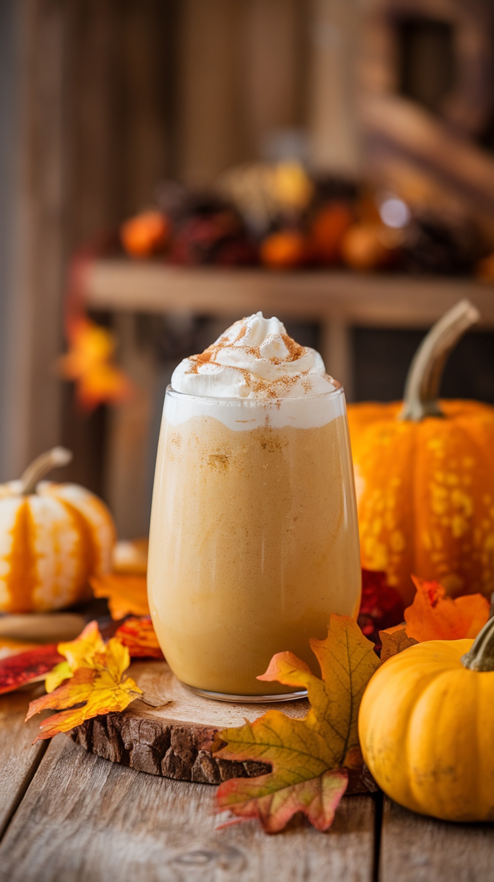 A creamy pumpkin mocktail topped with whipped cream and cinnamon, surrounded by autumn leaves and pumpkins.