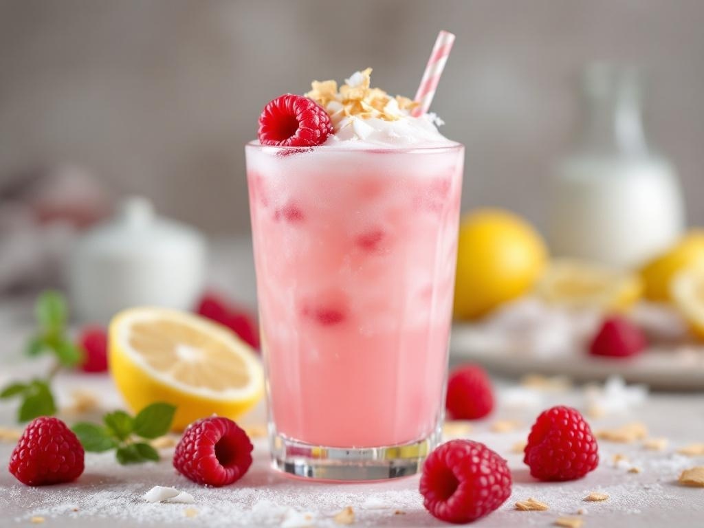 A refreshing Raspberry Coconut Lemonade Mocktail in a glass with raspberries and lemon slices.