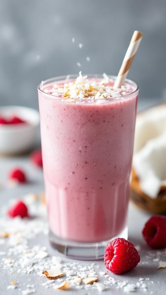 A refreshing raspberry coconut oil smoothie topped with coconut flakes.
