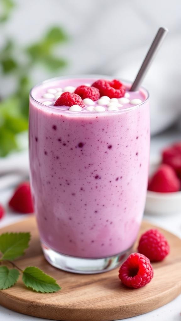 A refreshing raspberry Greek yogurt smoothie topped with fresh raspberries.