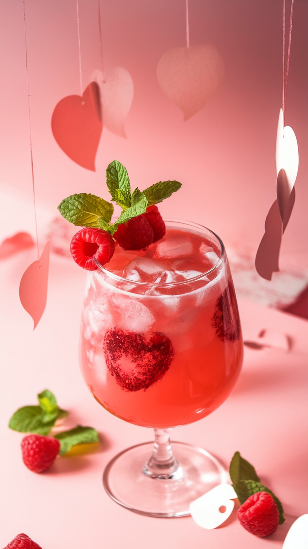 A vibrant Raspberry Heart Glow Mocktail garnished with raspberries and mint leaves, surrounded by heart decorations.
