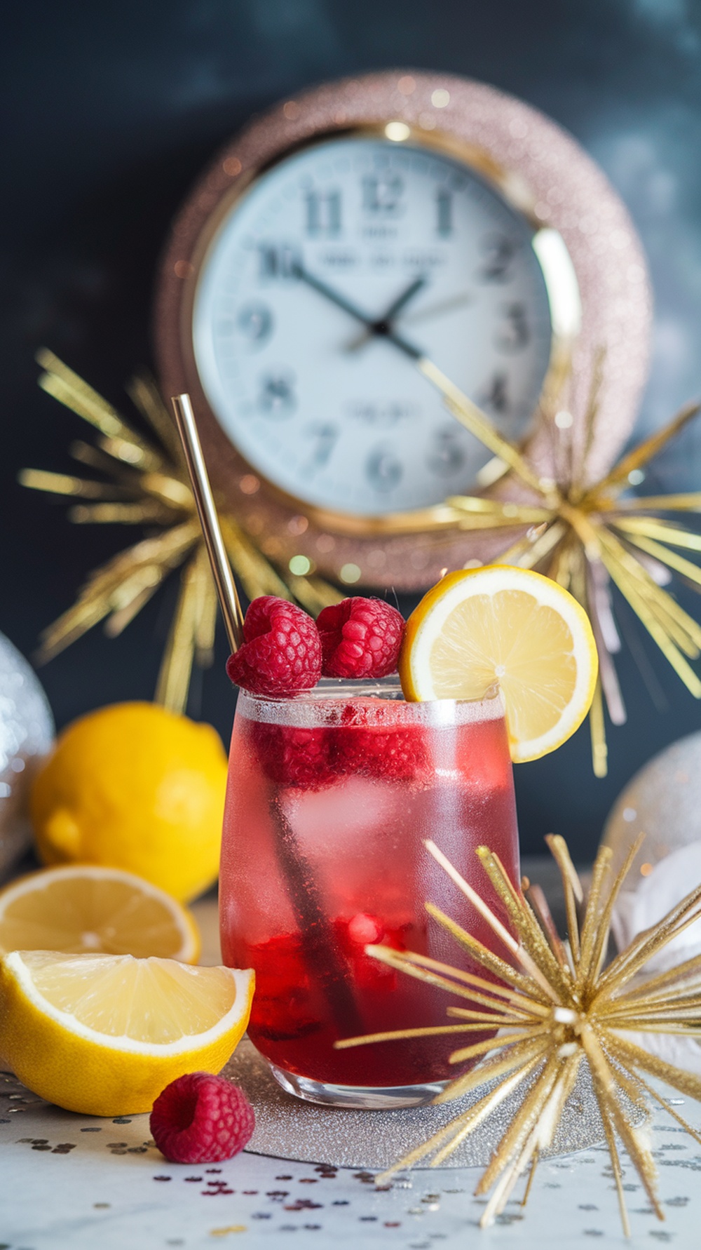 A vibrant Raspberry Lemon Countdown Mocktail garnished with raspberries and lemon slices, set against a festive New Year's Eve backdrop.