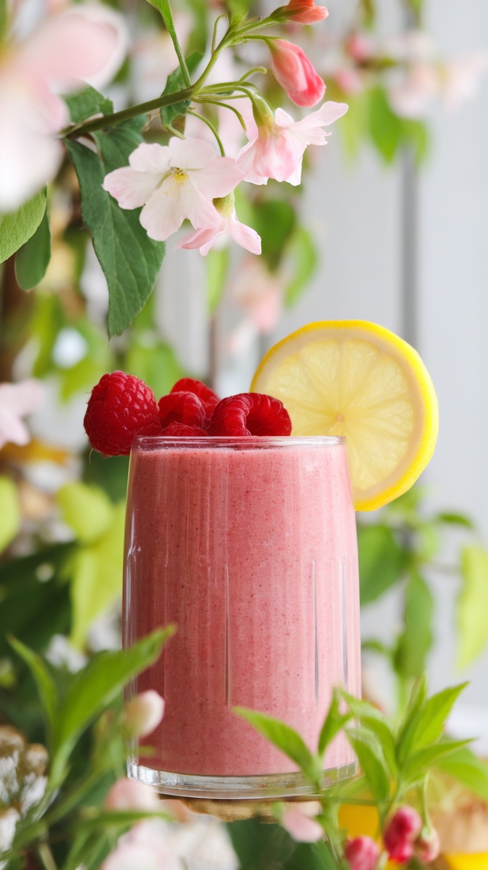 A refreshing raspberry lemon zest smoothie garnished with raspberries and a lemon slice.
