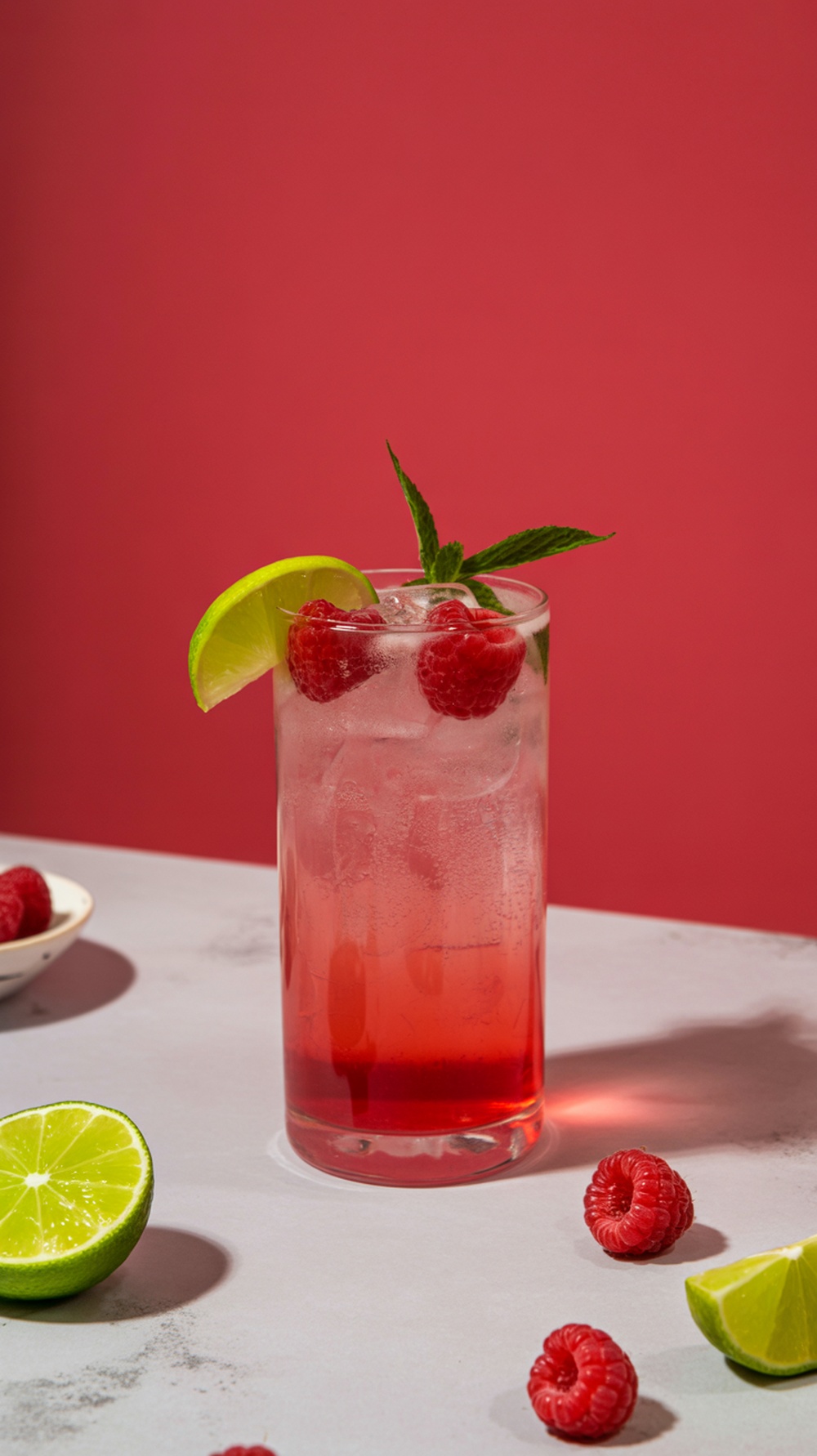 A refreshing Raspberry Lime Twist Mocktail with raspberries and lime slices.