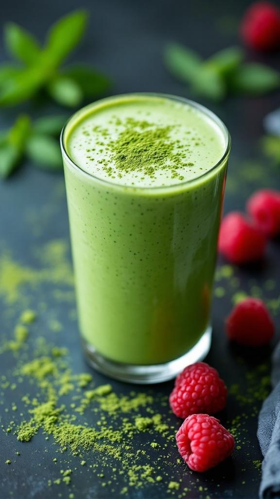 A green smoothie with raspberries and matcha powder.