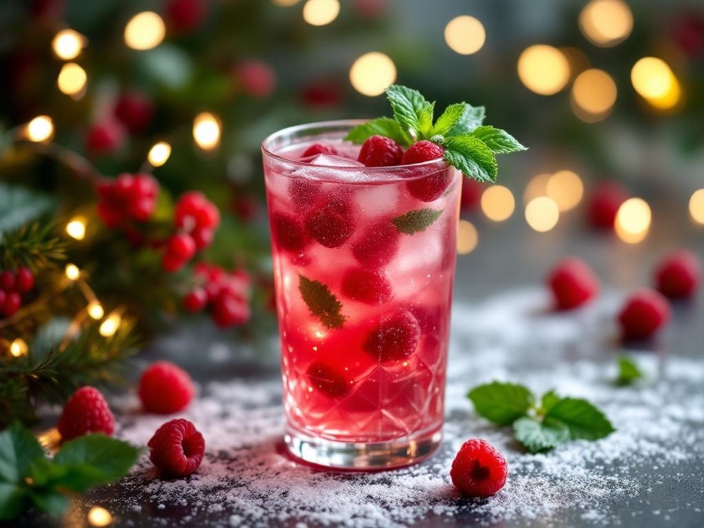 A refreshing Raspberry Mint Mocktail garnished with mint leaves and raspberries.
