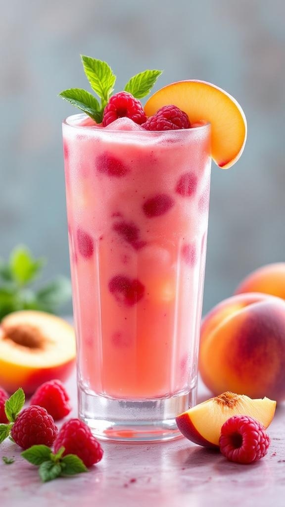 A refreshing Raspberry Peach Nectar Mocktail garnished with mint leaves and fresh fruits.