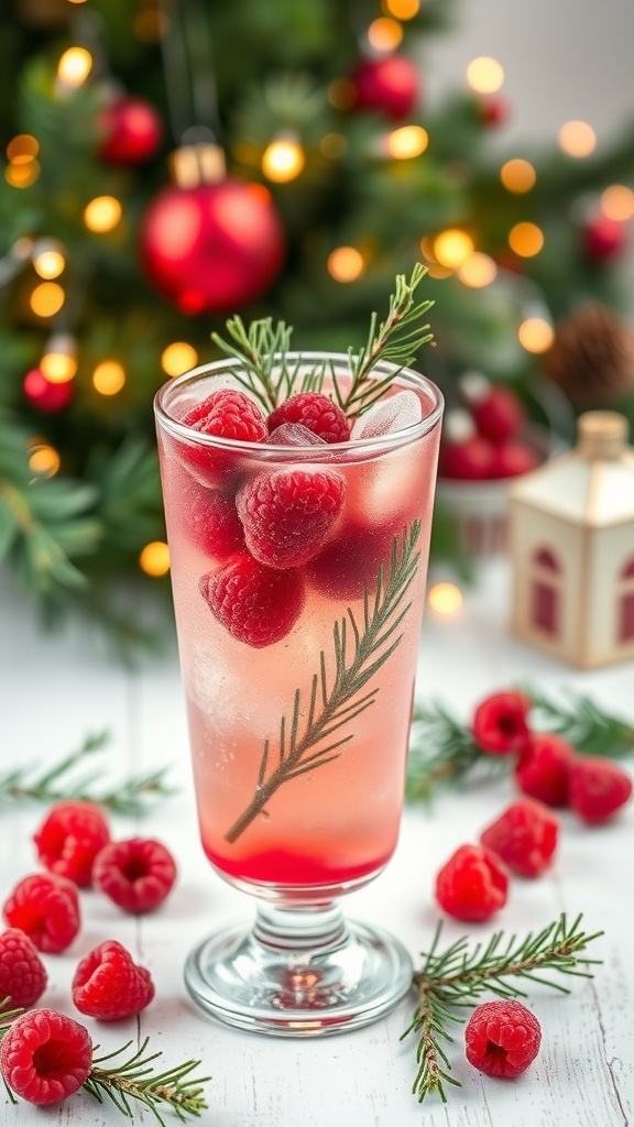 A refreshing Raspberry Pine Mocktail garnished with raspberries and pine sprigs, set against a festive background.