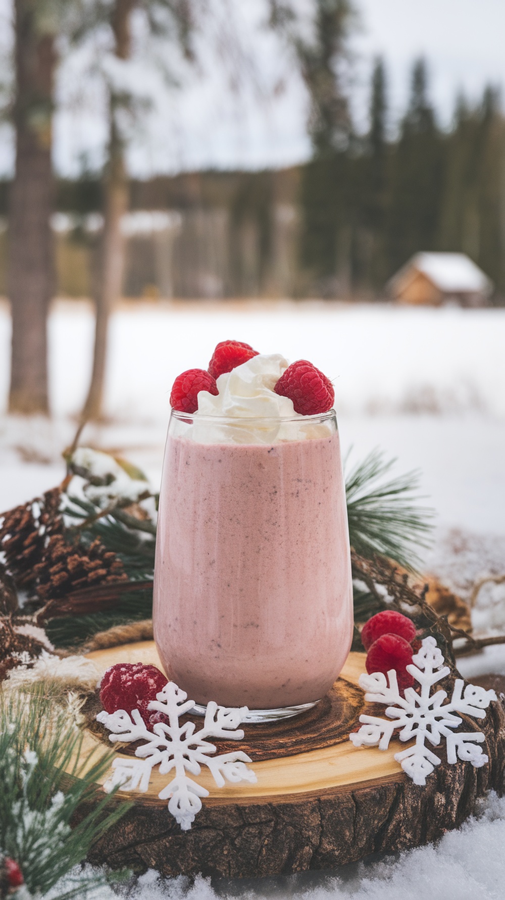 A Raspberry White Chocolate Winter Smoothie topped with raspberries and whipped cream.