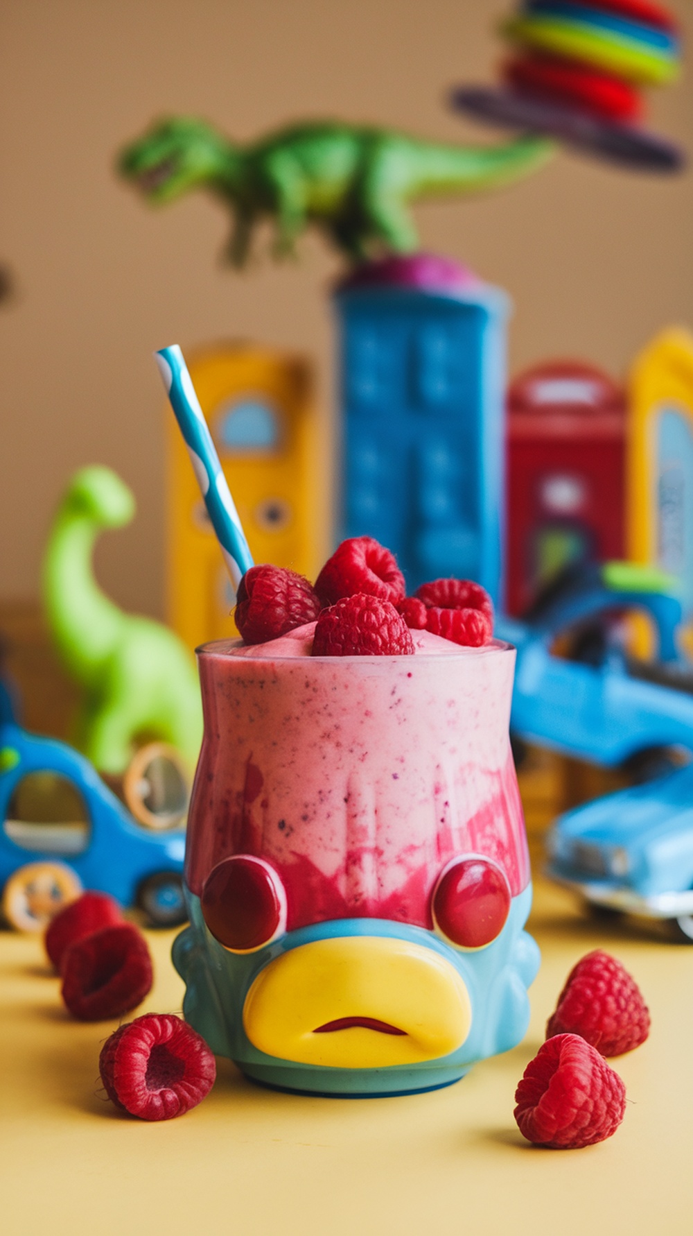 A colorful raspberry yogurt smoothie in a playful cup, surrounded by toys.