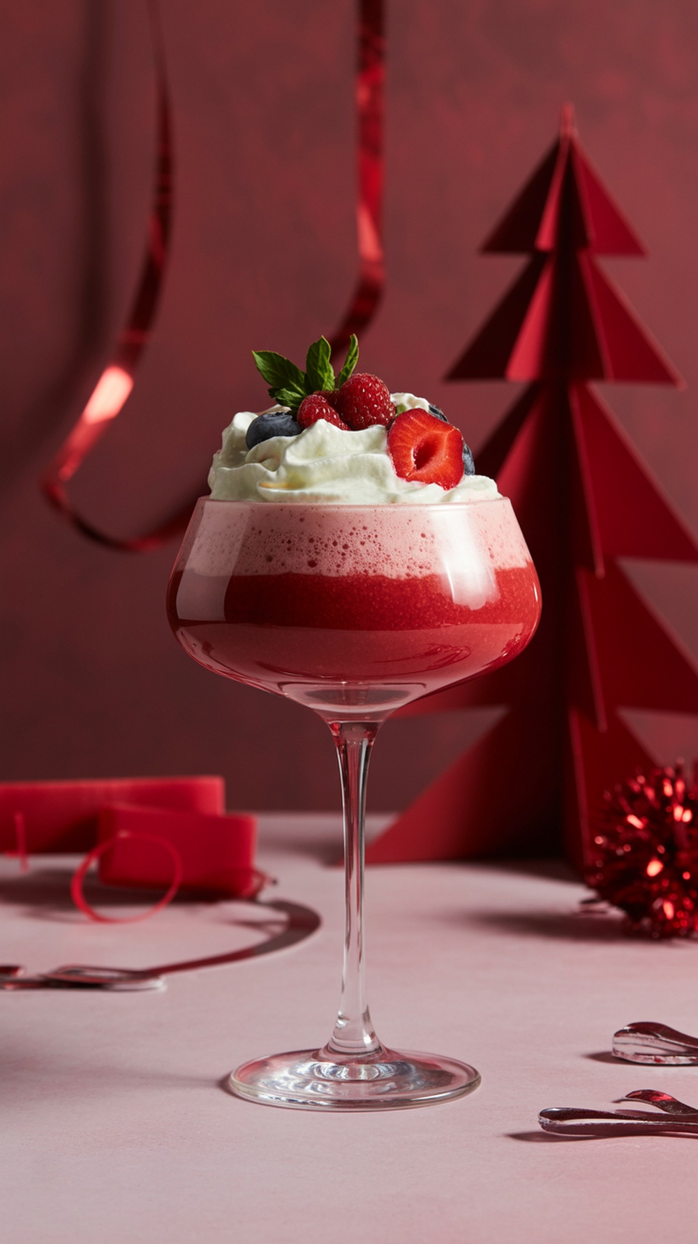 A vibrant red mocktail topped with whipped cream and fresh berries, set against a festive background.