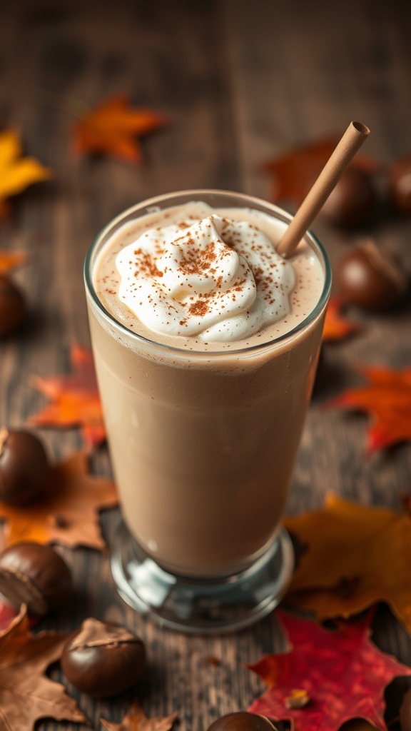 A creamy roasted chestnut coffee smoothie topped with whipped cream and sprinkled with cinnamon, surrounded by autumn leaves and chestnuts.