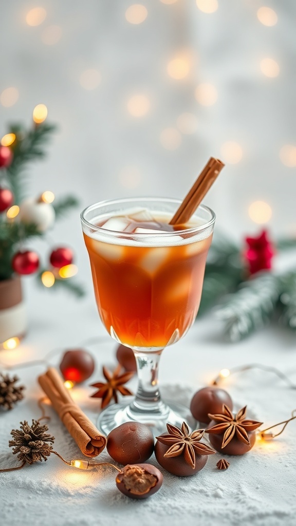 A festive roasted chestnut mocktail garnished with a cinnamon stick, surrounded by holiday decorations.