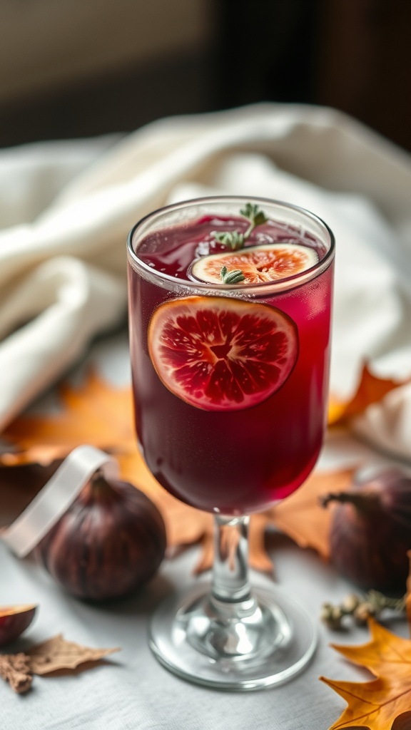 A glass of Roasted Fig & Thyme Mocktail garnished with figs and thyme, surrounded by autumn leaves.