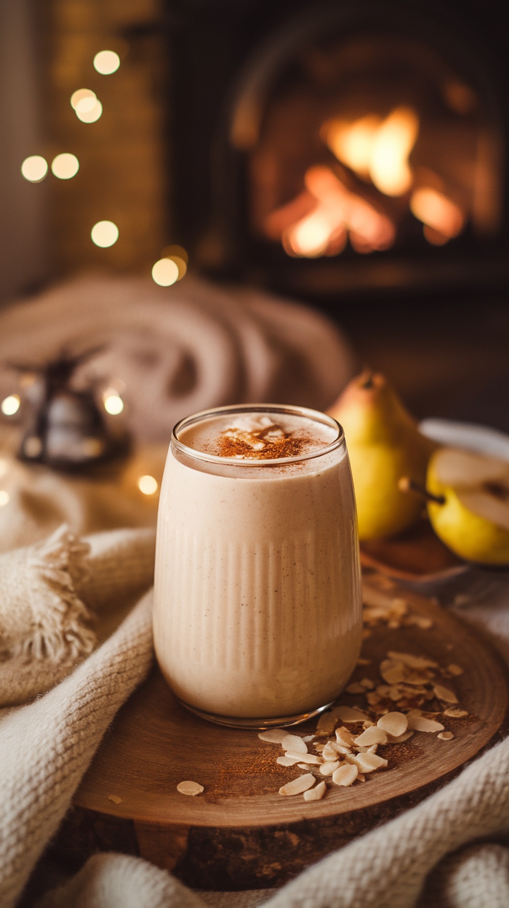 A glass of roasted pear almond smoothie with almonds and pears in the background, set near a cozy fire.