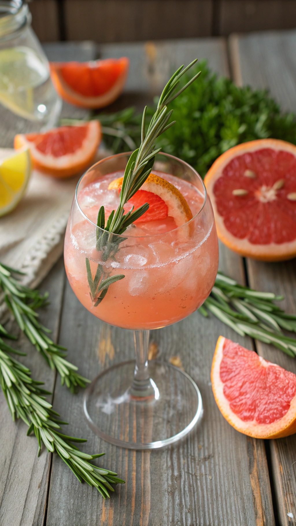 A refreshing rosemary grapefruit mocktail garnished with rosemary and grapefruit slices.