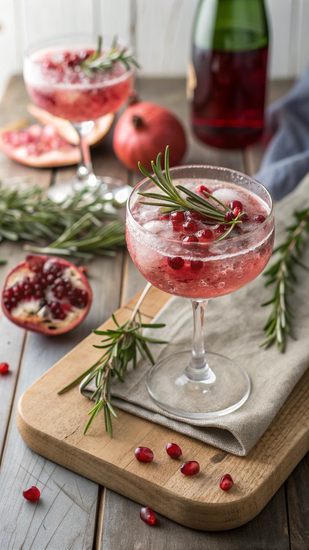 A refreshing Rosemary Pomegranate Sparkler Mocktail with pomegranate seeds and rosemary sprigs.