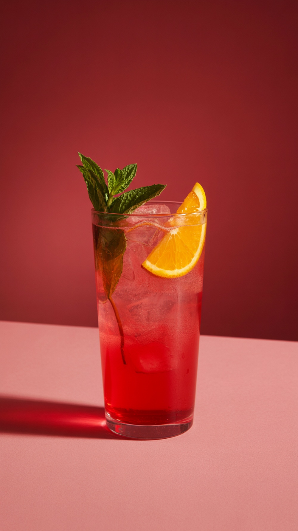 A refreshing Ruby Red Citrus Fizz Mocktail garnished with mint and orange slice.