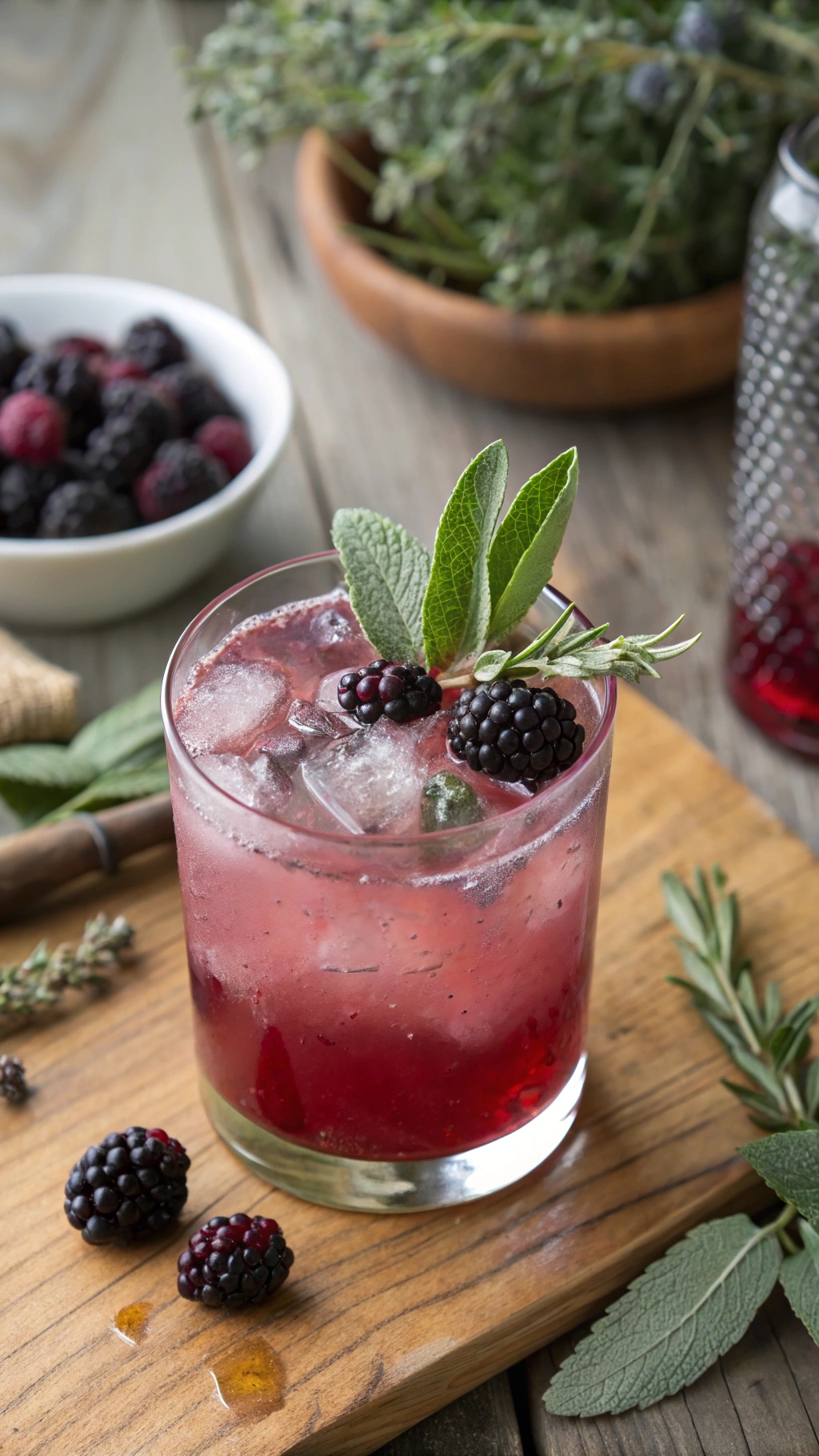 A refreshing Sage Blackberry Bliss Mocktail with blackberries and sage leaves.