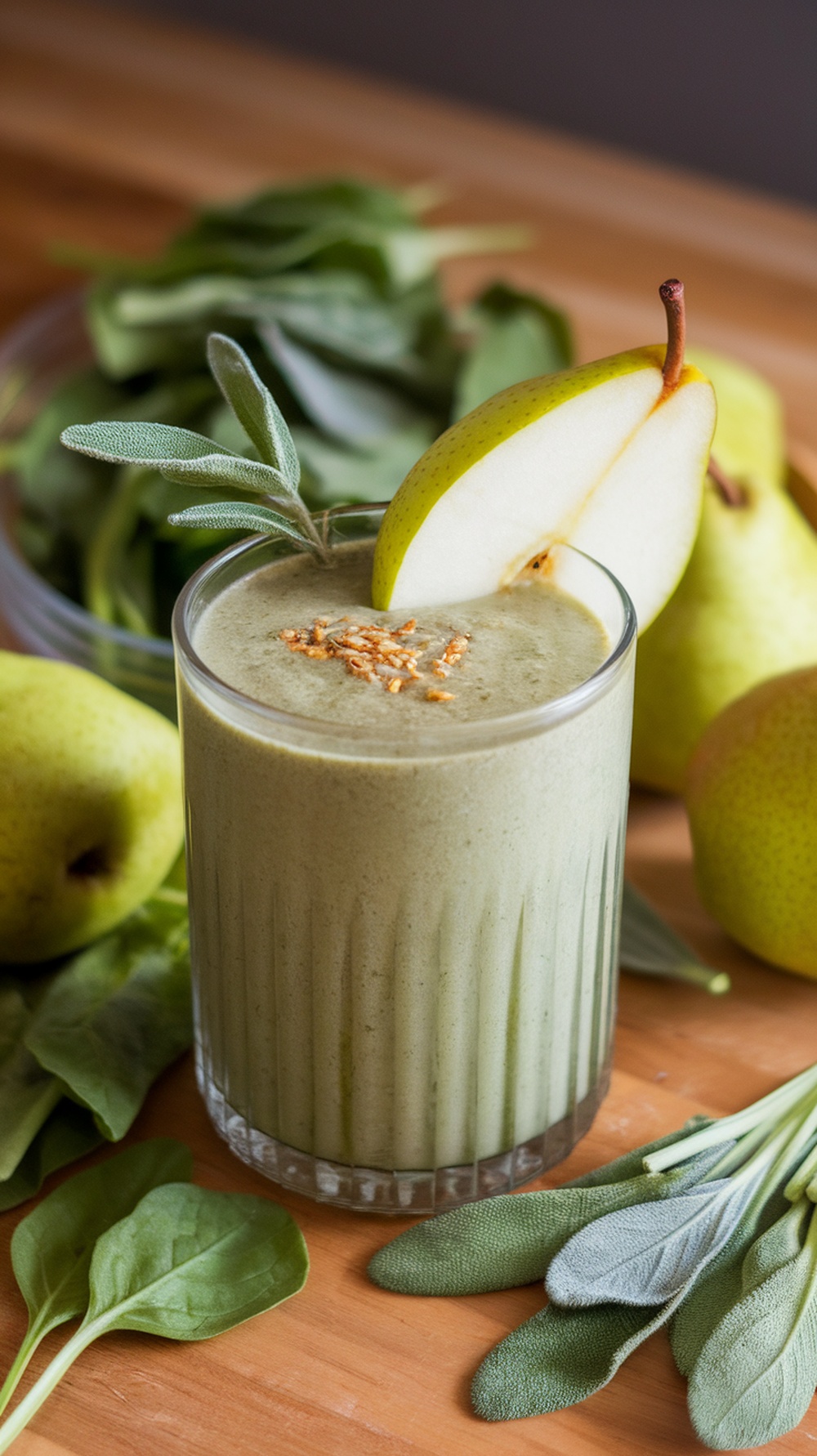 A glass of Sage Pear Green Calm Smoothie with a slice of pear and sage leaves.