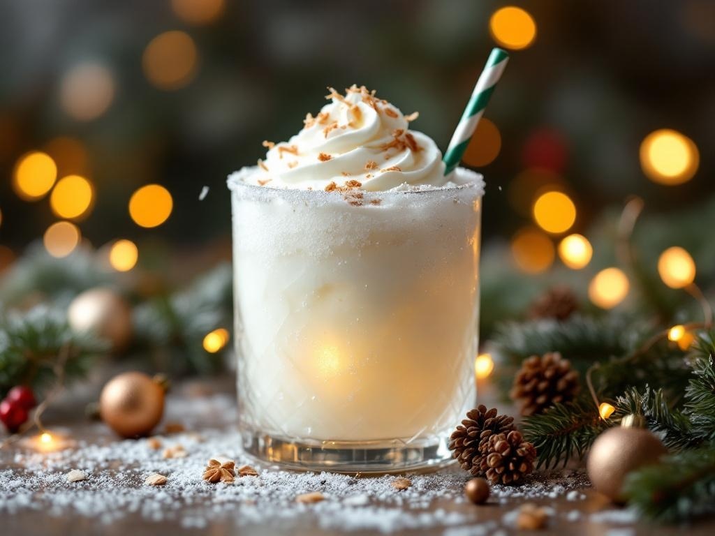 A festive Snowball Mocktail with whipped cream and a green straw, surrounded by holiday decorations.