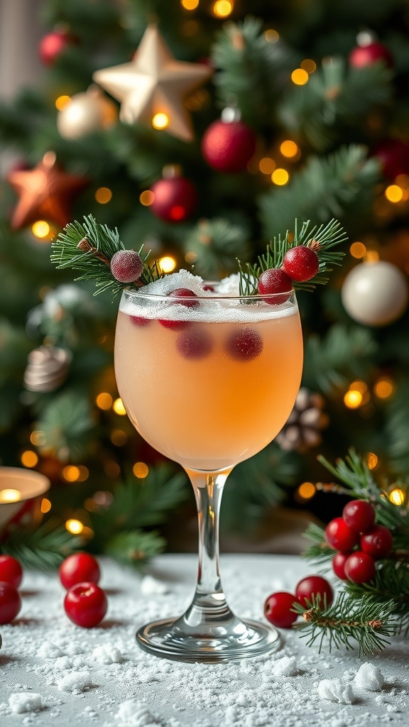 A festive Snowy Pine Mocktail garnished with cranberries and pine, set against a Christmas tree backdrop.