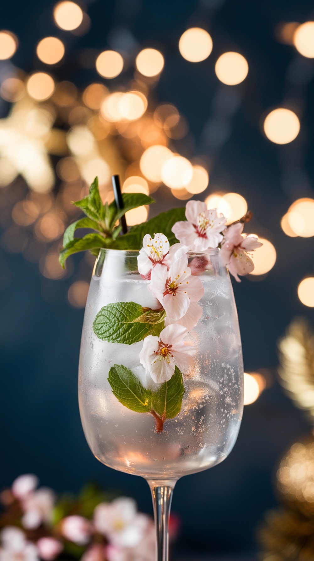 A sparkling cherry blossom mocktail garnished with mint and cherry blossoms.