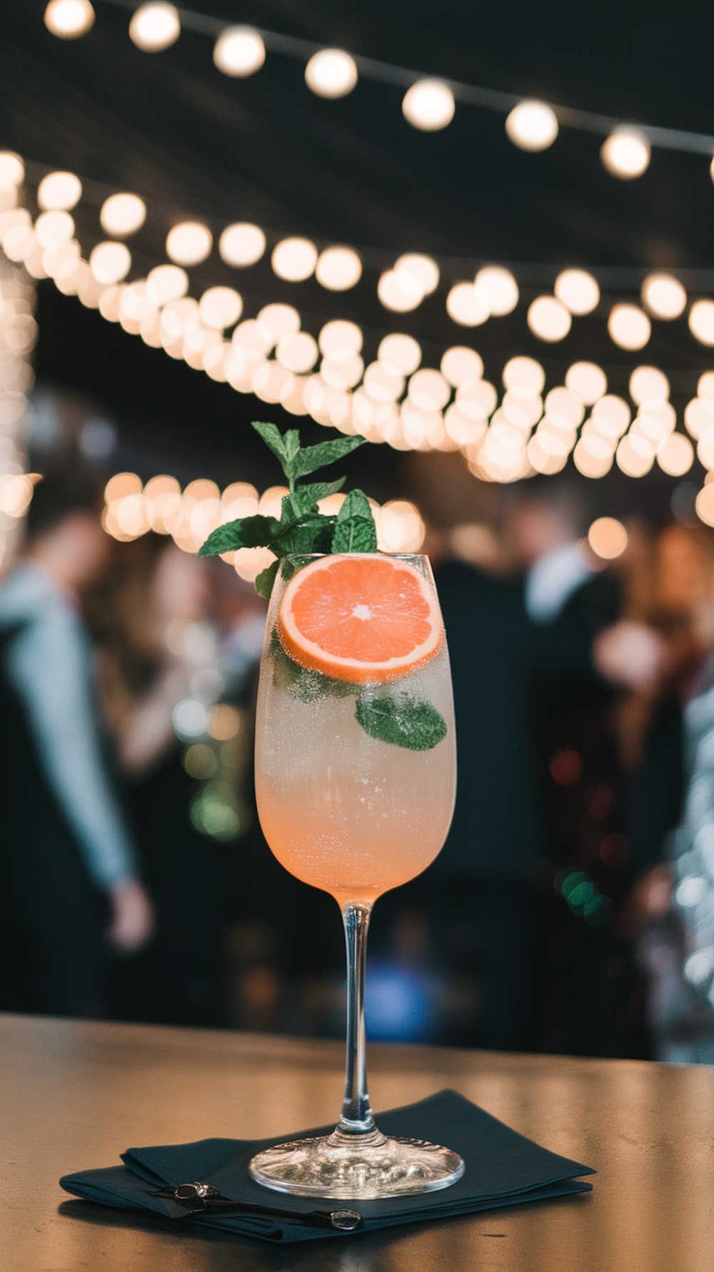 A sparkling grapefruit mint mocktail garnished with mint leaves and a slice of grapefruit.