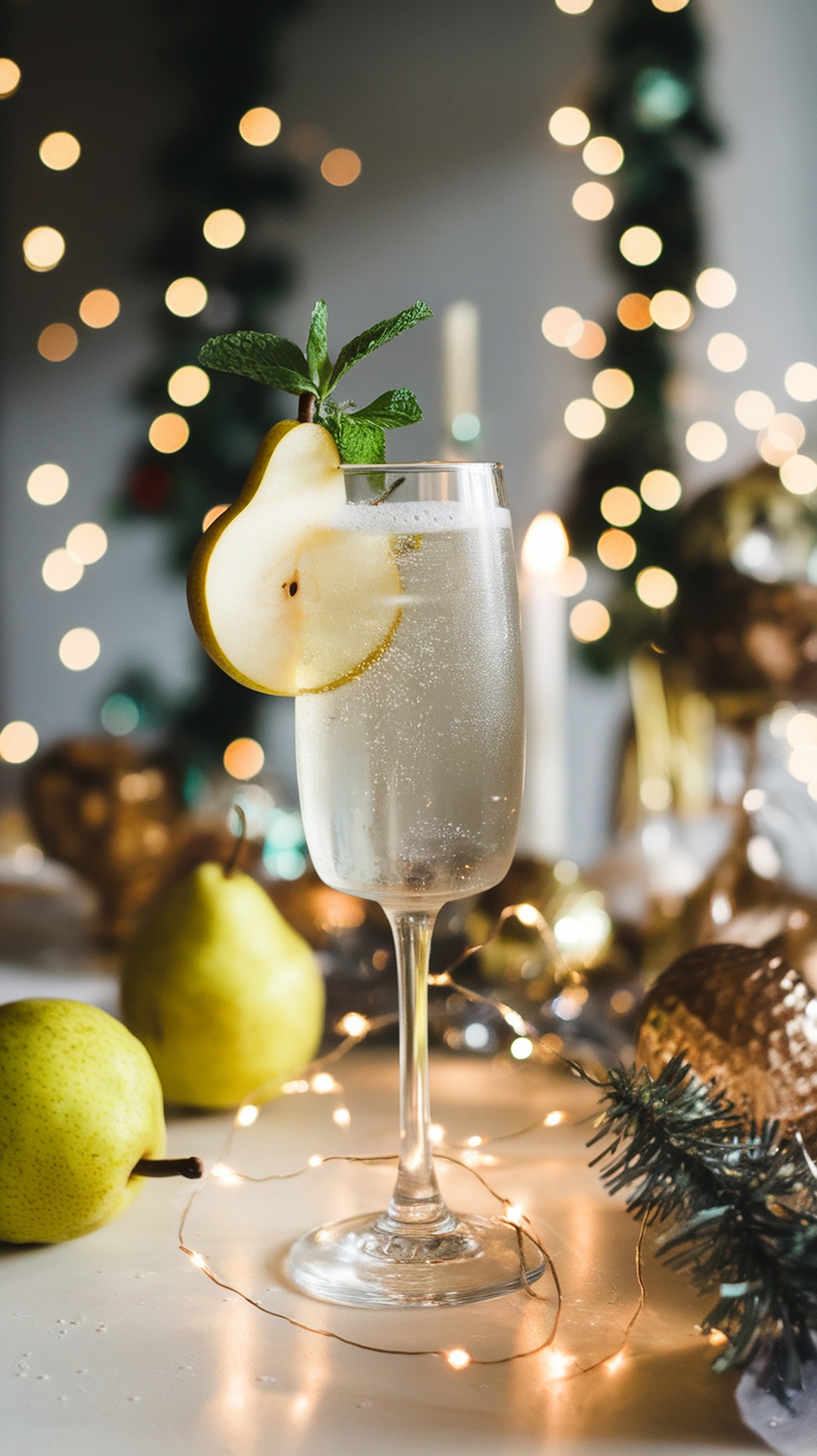 A sparkling pear champagne mocktail garnished with a slice of pear and mint leaves.