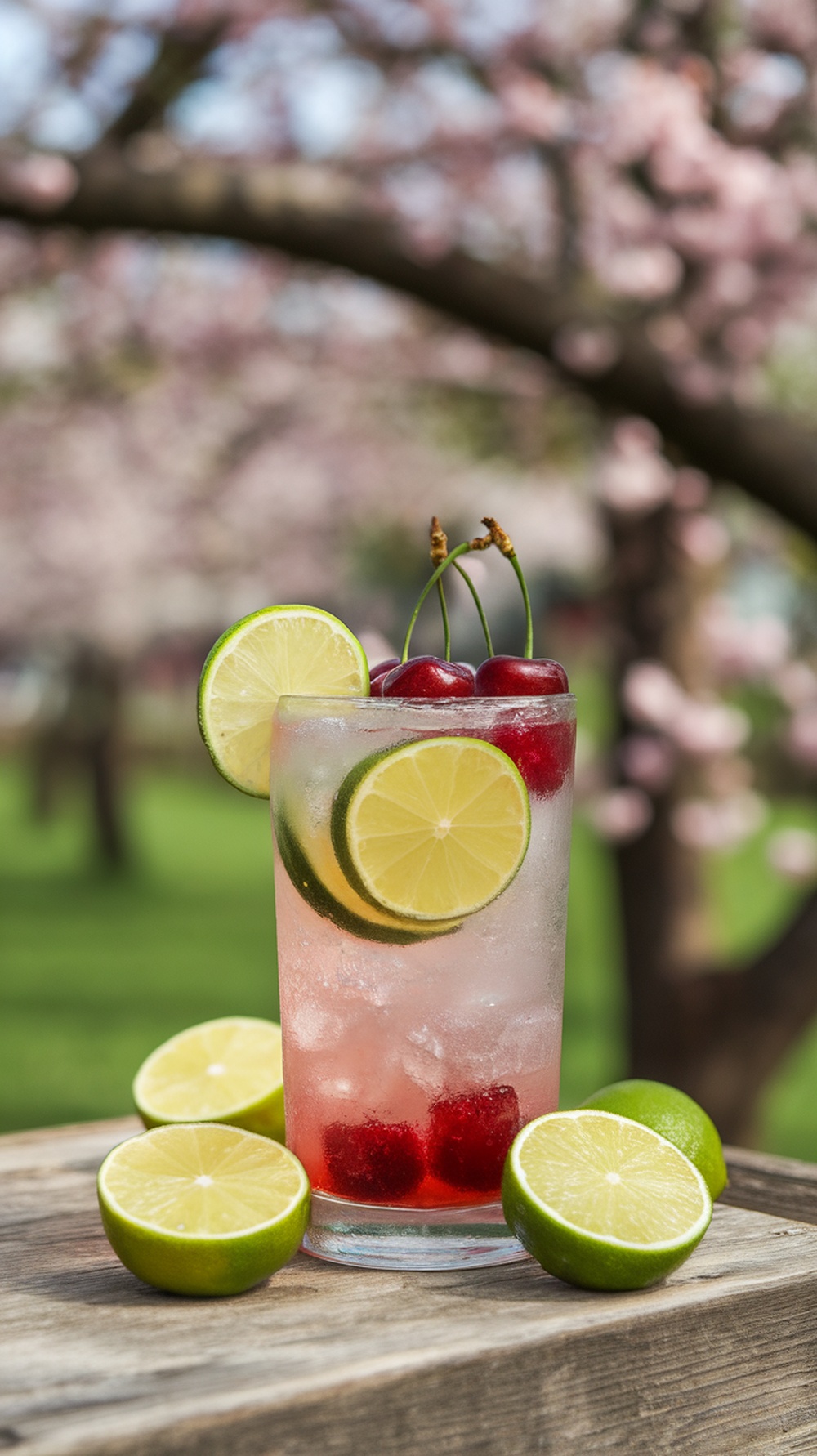 A refreshing sparkling tart cherry lime mocktail garnished with lime slices and cherries.