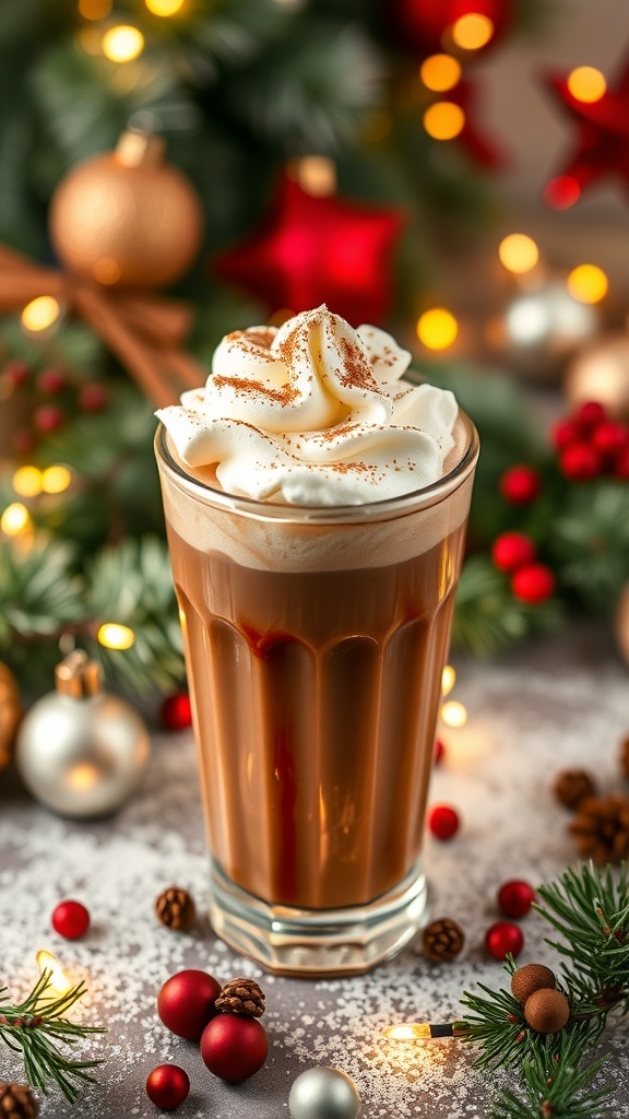 A festive spiced chocolate mocktail topped with whipped cream, surrounded by Christmas decorations.