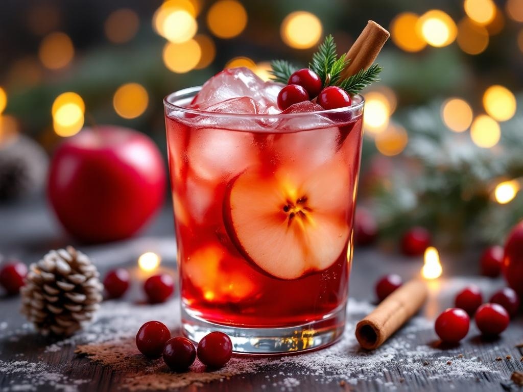 A refreshing spiced cranberry apple mocktail garnished with cranberries and a cinnamon stick.