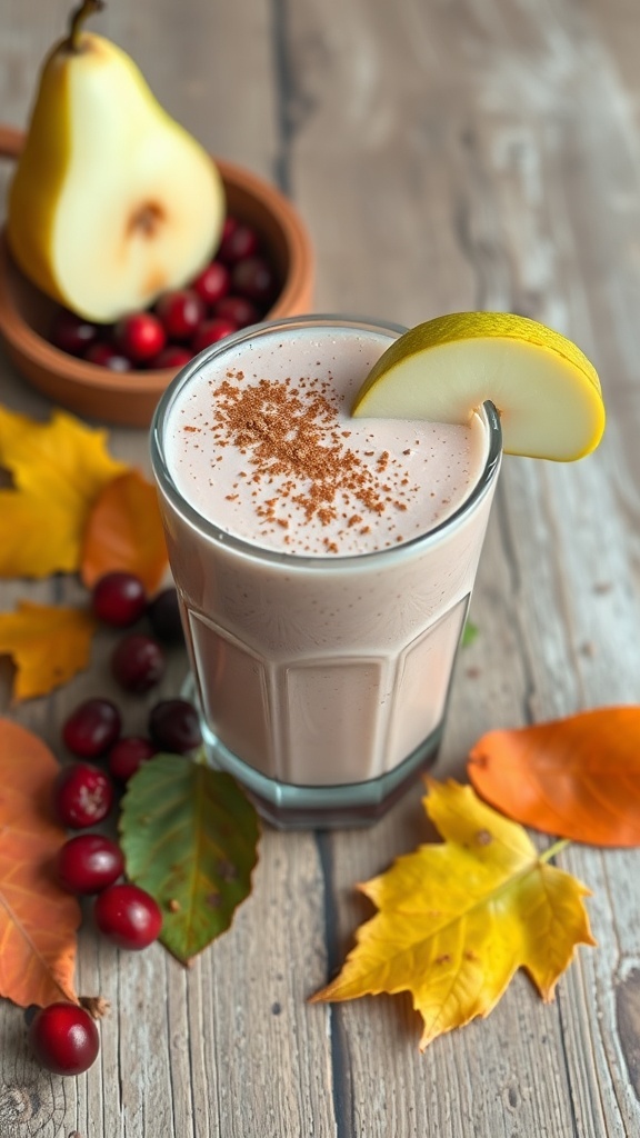 A spiced cranberry pear smoothie garnished with a slice of pear, surrounded by cranberries and autumn leaves.