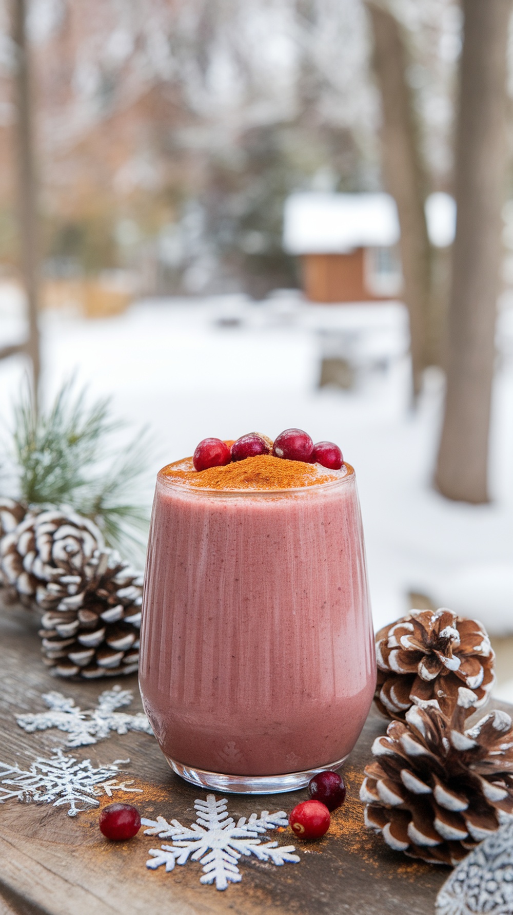 A spiced cranberry pear smoothie garnished with cranberries and spices, surrounded by pinecones and snowflakes.