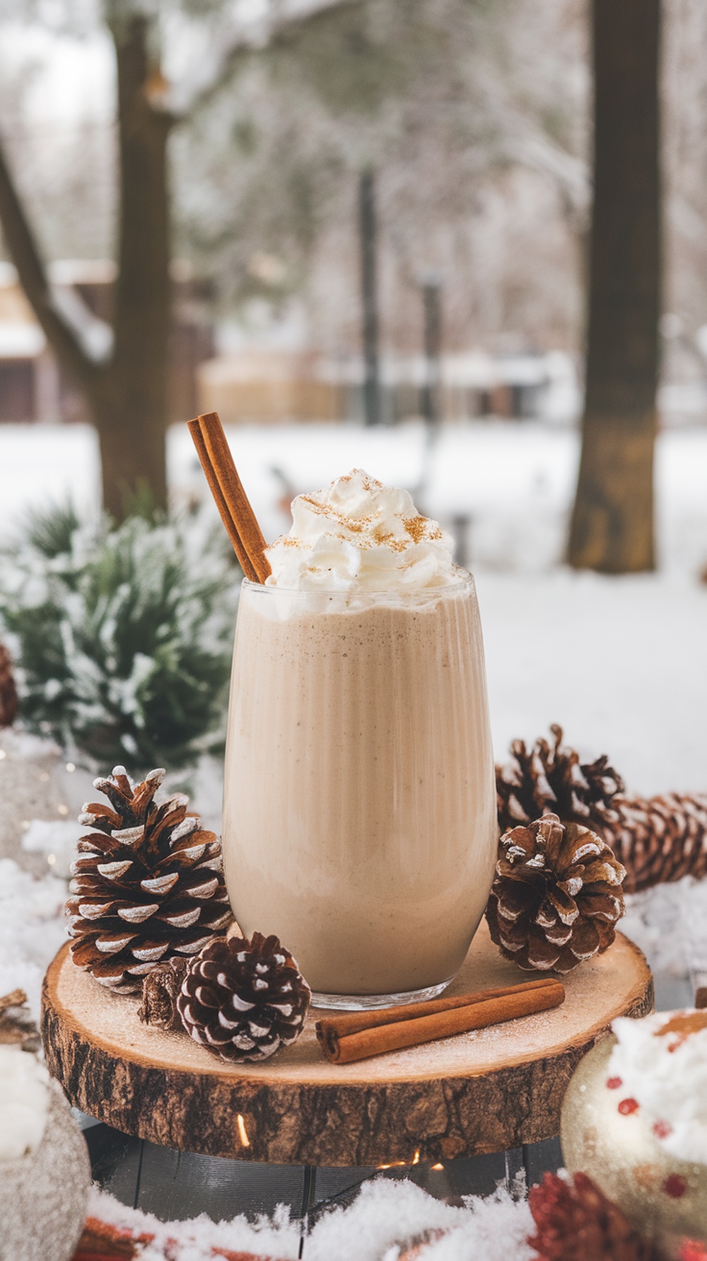 A spiced eggnog cream smoothie topped with whipped cream and cinnamon, surrounded by pinecones and snow.