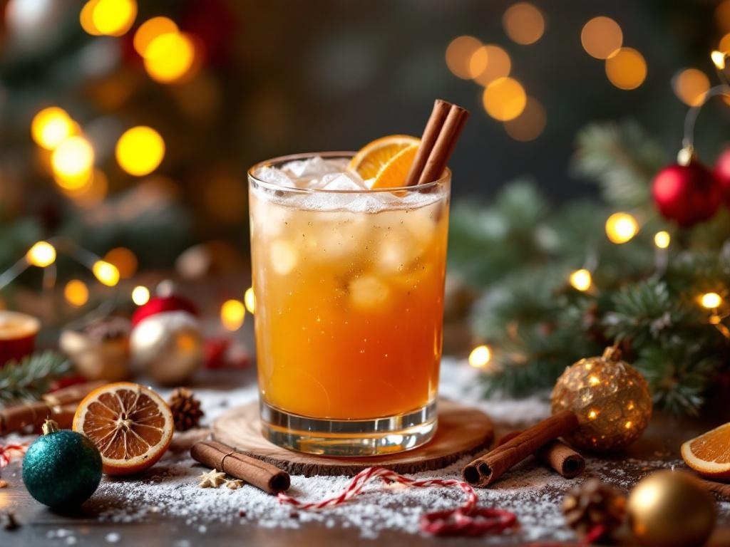 A festive spiced orange mocktail with cinnamon sticks and holiday decorations.